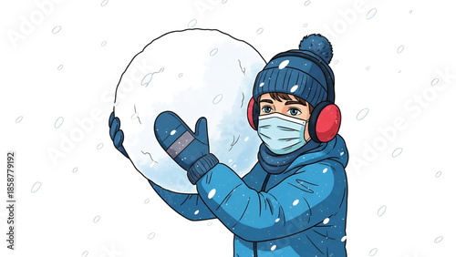 A child in winter attire, face mask, and earmuffs holds a large snowball during a snowfall