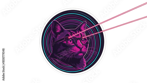 A cool cat wearing glasses with vibrant laser beams shooting from its eyes, set against a retro circular background