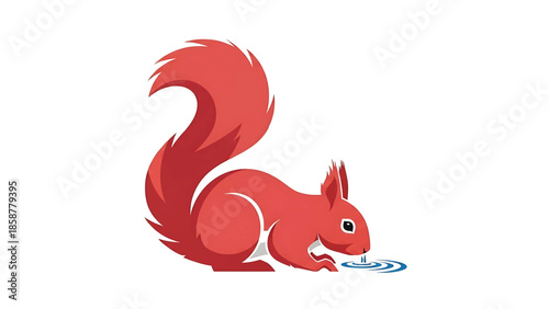 A cute red squirrel vector illustration, crouching down to drink water from a small blue puddle