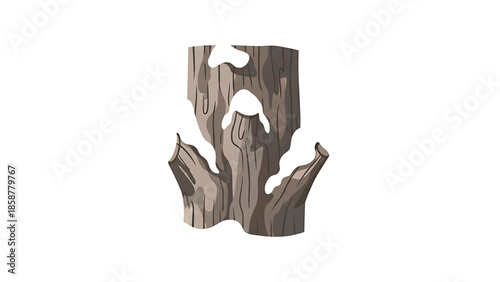 A detailed illustration of a weathered tree stump or log with a textured brown bark and white elements