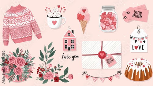 Valentine's Day celebration with flowers, gifts, and treats arranged artistically on a flat surface, viewed from directly above