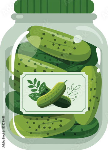Cartoon glass jar of pickled cucumbers with label flat vector illustration preserved food healthy kitchen concept pantry storage vegan design