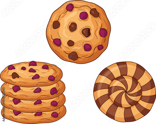 Chocolate chip cookies, sweet dessert snacks illustration, cookie stack and swirl biscuit, bakery food vector isolated on white background, design