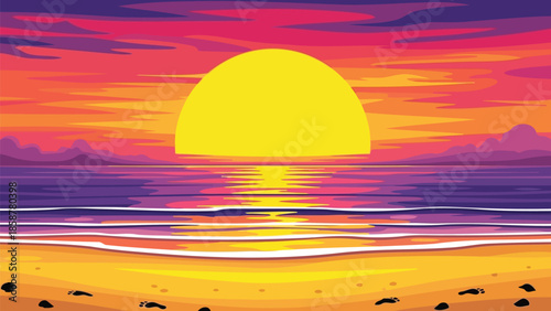 Vibrant sunset over serene ocean beach with warm golden light