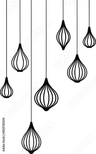 Elegant Black and White Minimalist Illustration of Hanging Geometric Pendant Lights and Modern Lantern Ornaments in a Clean Scandi Style Composition