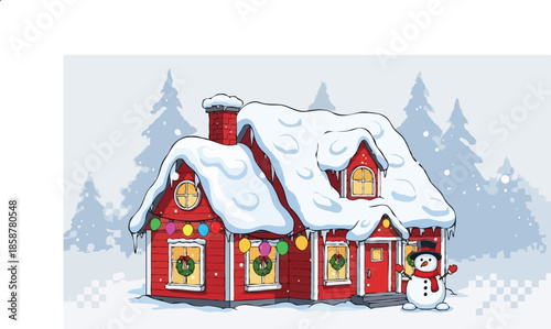 Cozy Red Christmas House in Snow with Snowman and Festive Lights - Cartoon Illustration