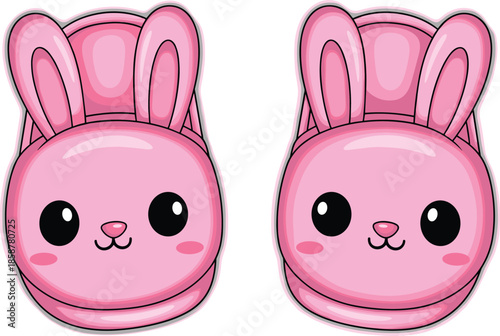 Cute pink bunny backpack illustration, kawaii cartoon rabbit bag design, children school accessory, adorable animal fashion vector isolated