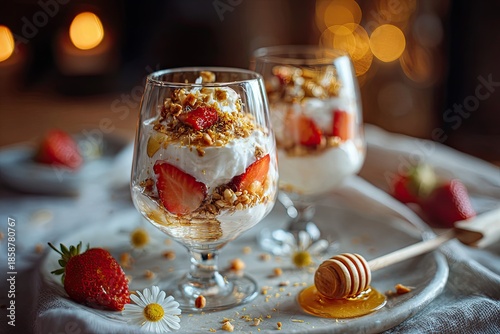 Strawberry Greek Yogurt Parfait with Honey and Nuts, Elegant Healthy Dessert for Advertising, Menu and Packaging Design