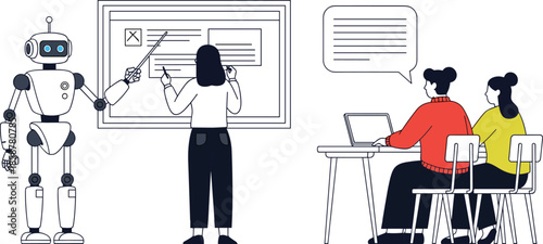 Artificial intelligence robot teaching students in modern classroom with digital board collaborative learning concept flat vector illustration for education technology training design