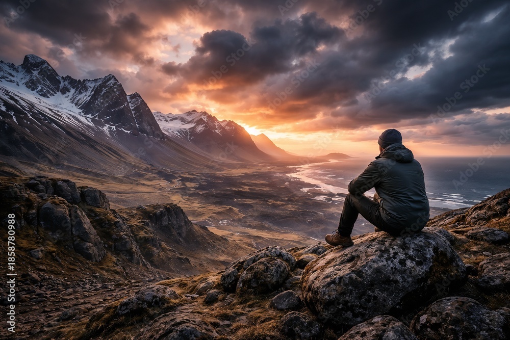 Fototapeta premium Solitary Hiker Sitting on Rocks Watching Sunset Over Mountain Valley with Snow-Capped Peaks and Dramatic Cloudy Sky