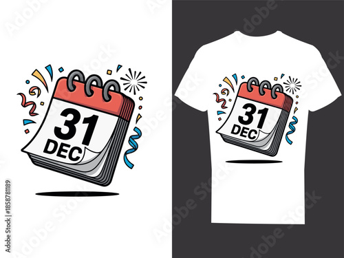Calendar page flipping from 31 Dec, clean illustration, New Year t-shirt
