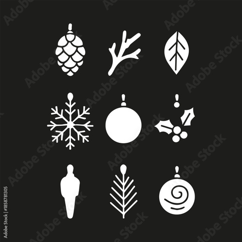 A collection of simple white winter and christmas icons on a dark background