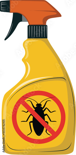Yellow insect spray bottle with no bug symbol, pest control illustration for home protection, hygiene safety concept isolated white background