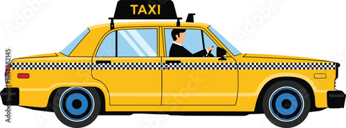 Yellow taxi cab side view with driver flat vector illustration urban transportation city travel public transport service design isolated background
