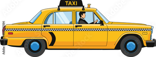 Yellow taxi cab with driver side view flat vector illustration urban transportation service city travel public transport design isolated background