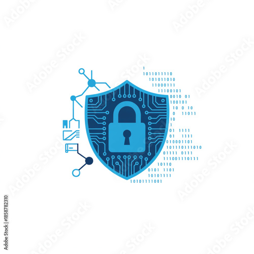 shield, lock, circuit board, technology, digital security, cyber protection, blue, white, sketch style

