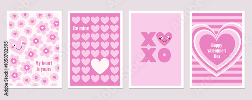 Set of cute Valentine’s Day cards with hearts, love patterns, XO letters and romantic symbols in pink color palette