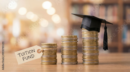 Financial aid college savings concept with stacked coin towers and graduation cap showing education funding and student support