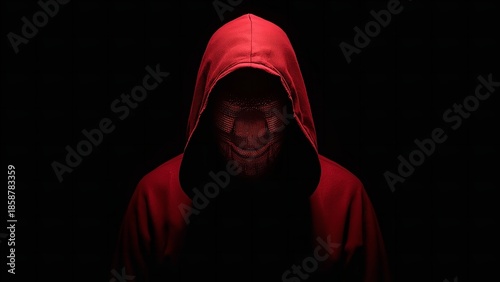 A mysterious person wearing a red hoodie and a ski mask stands in the dark