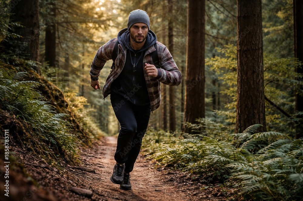 Obraz premium Young Man Running Through Forest Trail During Autumn with Sunlight Filtering Through Trees