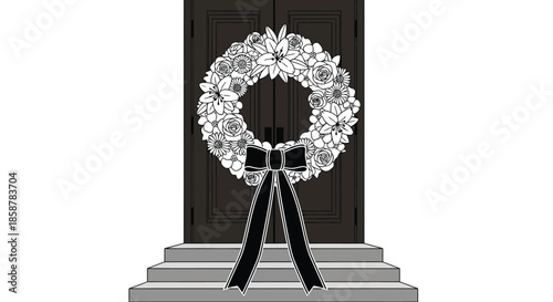 A dark door adorned with a floral wreath and ribbon on steps