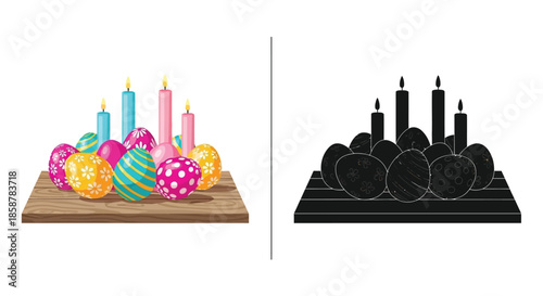 Colorful easter eggs and lit candles alongside a black and white silhouette