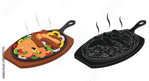Sizzling fajita platter with steak shrimp and vegetables color and silhouette views