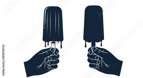 Two dark blue popsicles held by hands dripping with melting sweetness