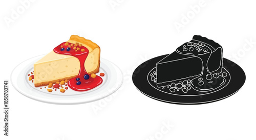 A colorful cheesecake slice with a monochrome outline version presented on plates