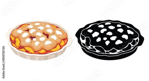 A colorful peach pie illustration alongside its monochrome black and white version