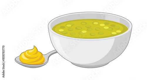 A bowl of vibrant green pea soup with a dollop of yellow garnish