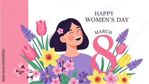 A vibrant illustration celebrating Women's Day with flowers and a smiling woman
