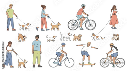People engaging in various outdoor activities with dogs in a lively urban setting.