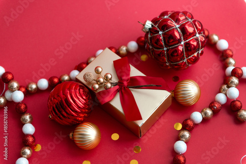 Christmas or New Year decorations on a red background