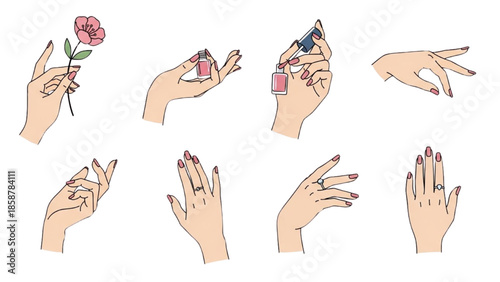 Hands showcasing various manicure techniques and nail art designs with beauty products and flowers