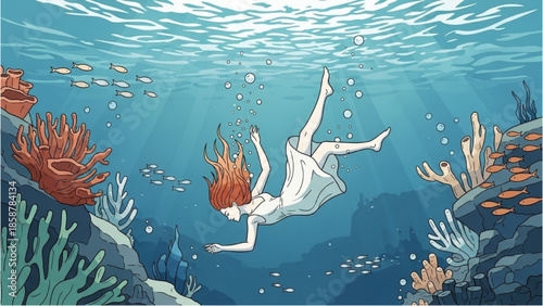 A serene underwater scene depicting a woman floating amidst coral and marine life