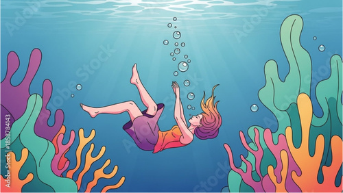 Young woman snorkeling among vibrant coral reefs in a tropical ocean viewed from above