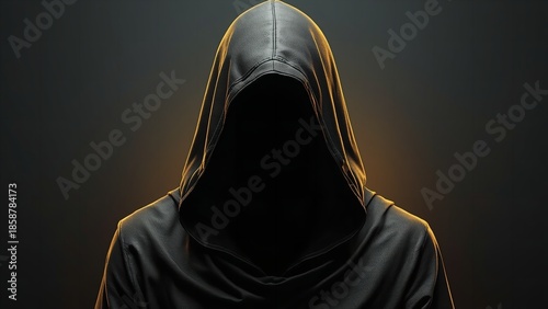 A mysterious hooded figure stands in a dark environment with a subtle glow