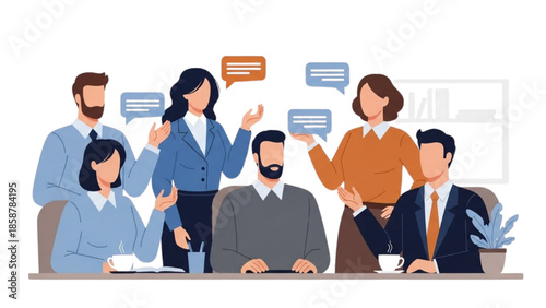 Group of business professionals engaged in a discussion around a conference table in a modern office setting