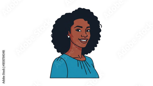 A young woman with curly hair smiling in a simple illustration