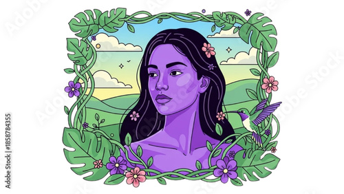 A serene woman surrounded by lush greenery and vibrant flowers in a picturesque landscape