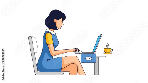 Woman working on laptop at desk with coffee nearby in a serene environment