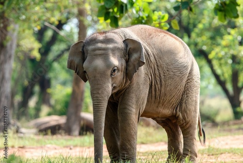 Adorable baby elephant calf standing alertly in a sunlit natural forest
