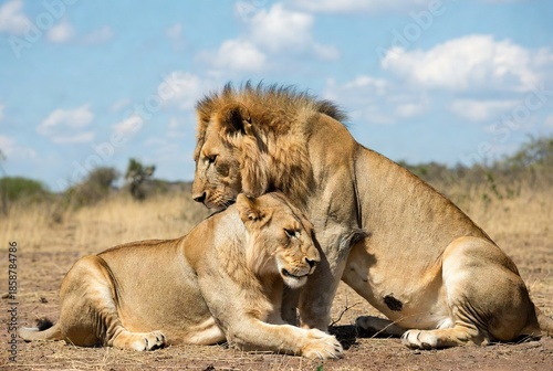 Male lion and lioness resting peacefully on dry ground under a clear blue