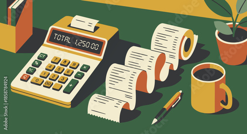 Calculator and Receipts for Expense Accounting Illustration