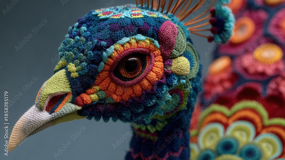 Obraz premium Close up of majestic colorful crocheted peacock's head. 