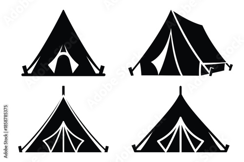 camping tent silhouette vector icon set, black color and white background