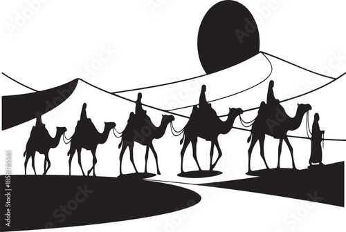 Silhouette of a camel caravan traveling across a desert landscape at sunset