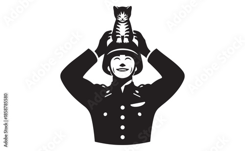 Playful soldier with happy cat on head in black silhouette