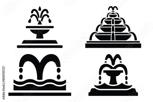 fountain water silhouette vector icon set, black color and white background